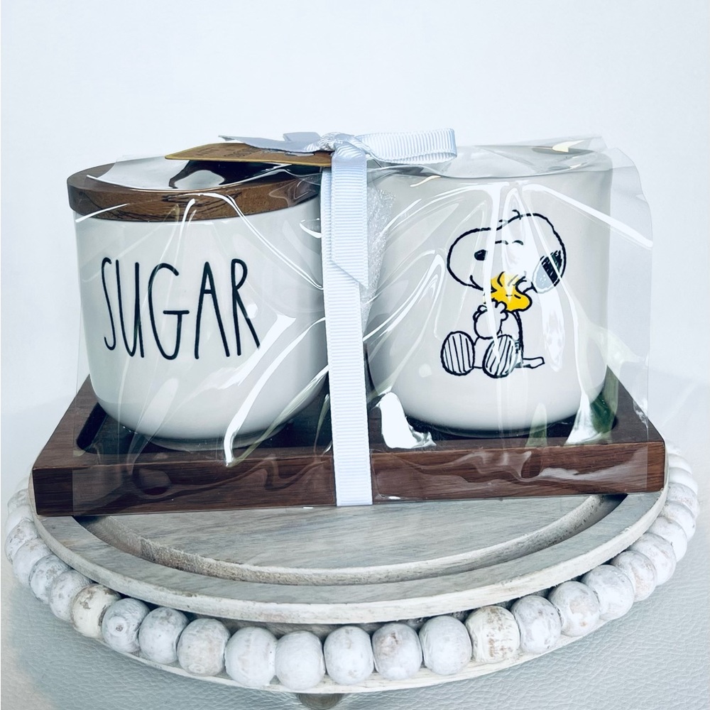 Rae Dunn SNOOPY cream & sugar on wooden tray peanuts NWT